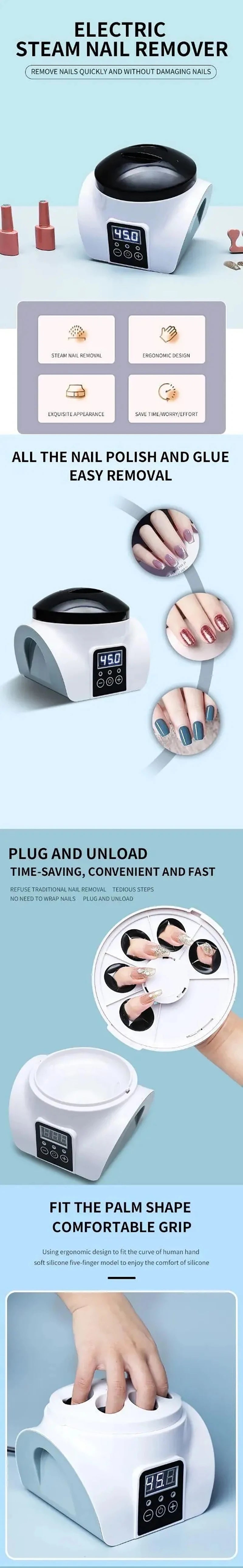 Five-Finger Gel Nail Removal Machine with Heated Steam Reference, Top-Cover Design and US, UK, AU or EU Plug Options for Adult Manicure Routines