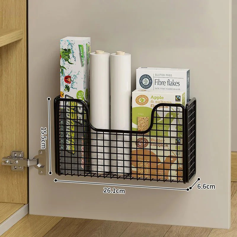 Kitchen Cabinet Door Storage Rack with Punch-Free Mounting Reference, Iron Organizer for Plastic Wrap Storage in White and Black Model Options