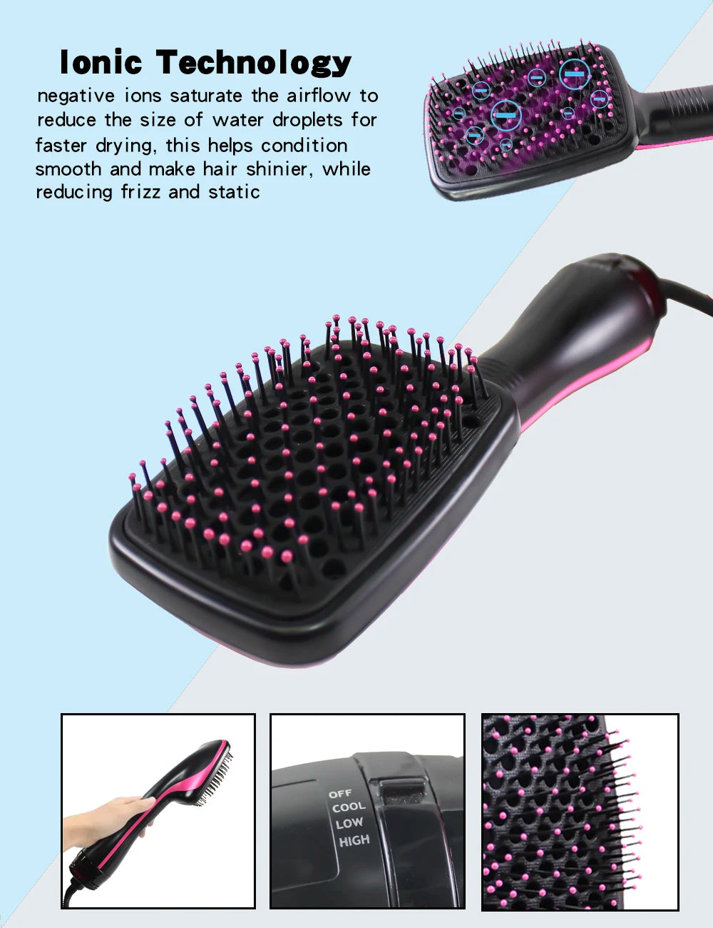 Hot Air Styling Comb, Black Ionic Hair Dryer Brush for At-Home Drying, Straightening and Curling with US 110V and Regional Plug Options