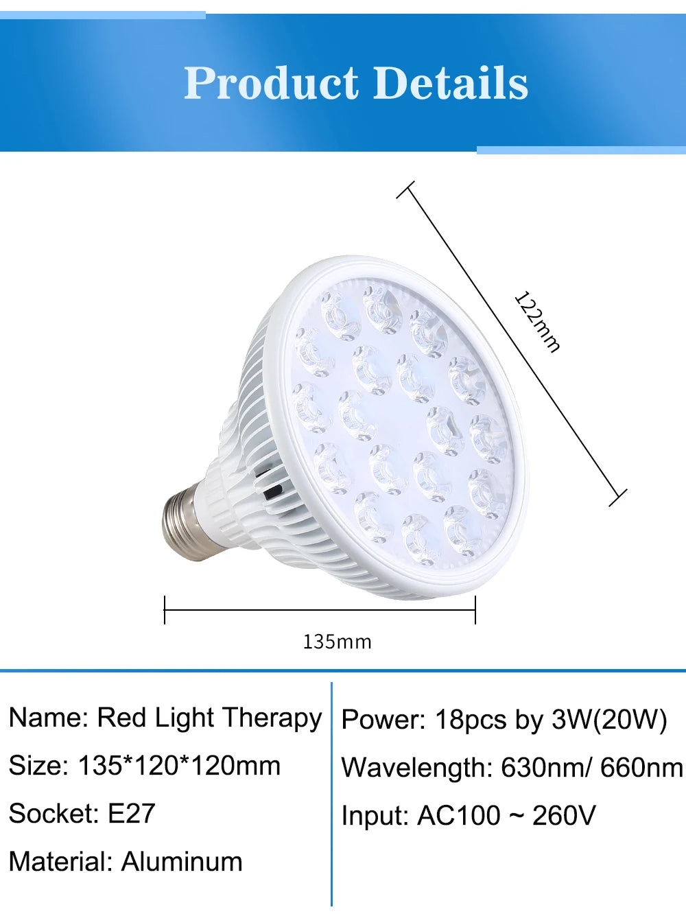 E27 Red LED Bulb with Listed 18 LEDs and Separate 630nm or 660nm Options, PAR38 Style Bulb-Only or US, EU, UK and AU Stand Packages for Adult Personal Care Selection