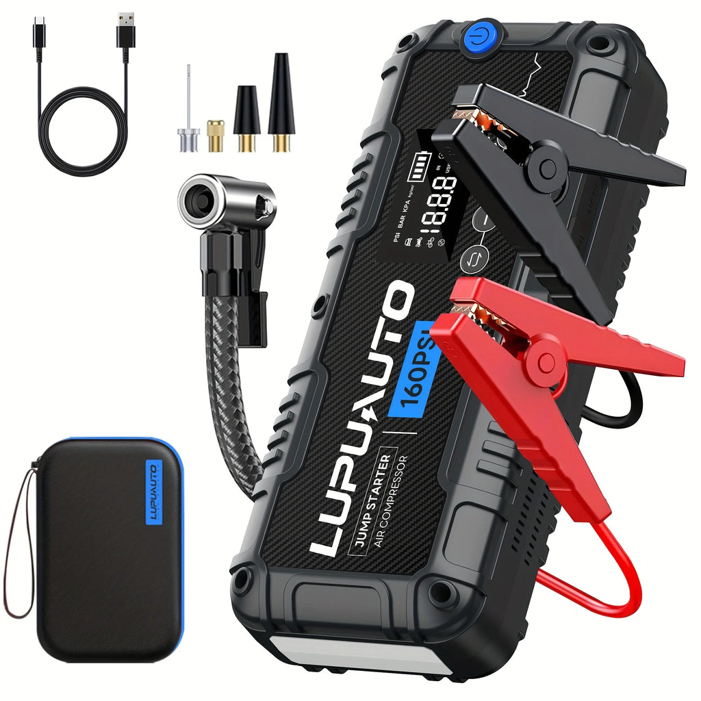 Car Jump Starter with Air Compressor and LED Light, 4000A Labeled Four-in-One Portable Unit with Power Bank Function and Listed 160 PSI Maximum Pressure