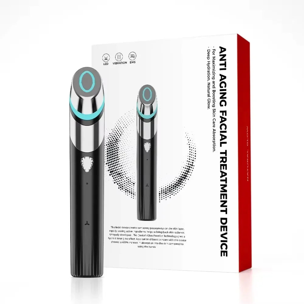 Touch-Activated Facial Care Wand with Rotating T-Bar Head, Black Rechargeable Beauty Tool with Listed Red Light, Warmth, Vibration and Microcurrent Functions