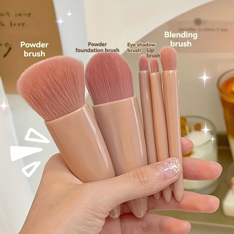 Mini Makeup Brush Set with Mirror and Foldable Travel Design, Listed Five-Piece Beauty Kit in Coffee Pink, Pink or Green for Everyday Touch-Ups