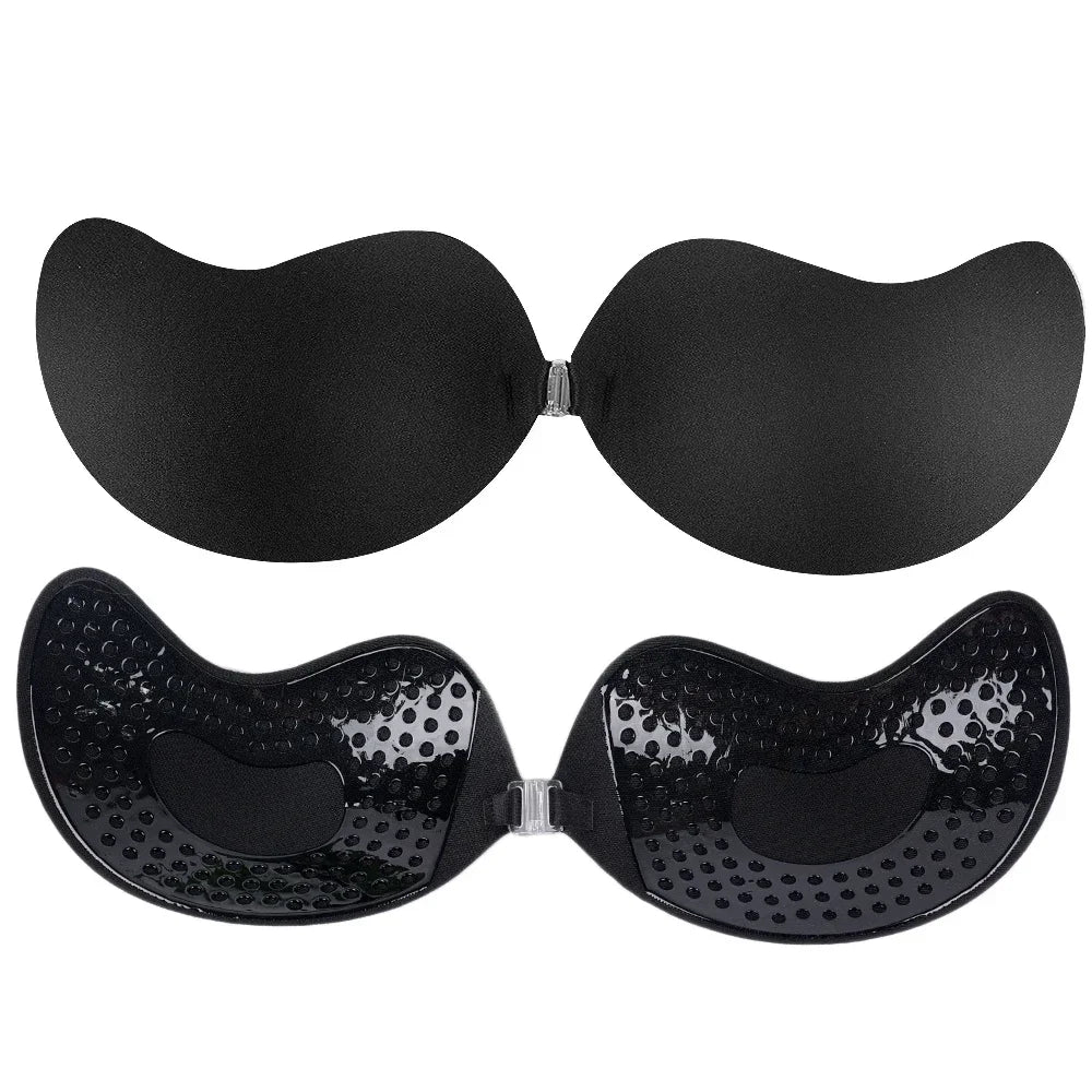 Backless Strapless Adhesive Bra for Women with Silicone Cups and Front Closure, Reusable Wire-Free Design in Black or Skin Tone, A–D Sizes