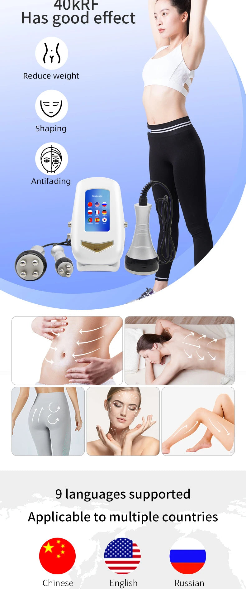 Ultrasonic Cavitation Machine with Three Handles and Radiofrequency Functions, ABS Beauty Device with 110V US or 220V Regional Plug Options