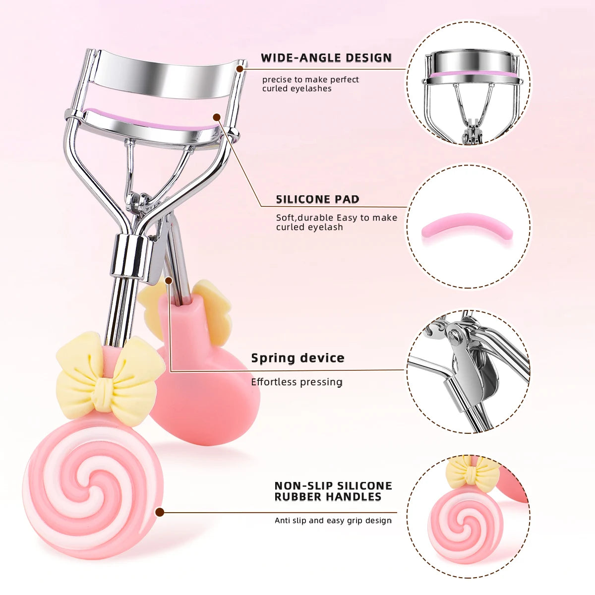 Lollipop Handle Eyelash Curler for Beginner Makeup Routines, Pink or Yellow Lash Curling Tool with Replaceable Strip Design and 1/6/16pcs Options