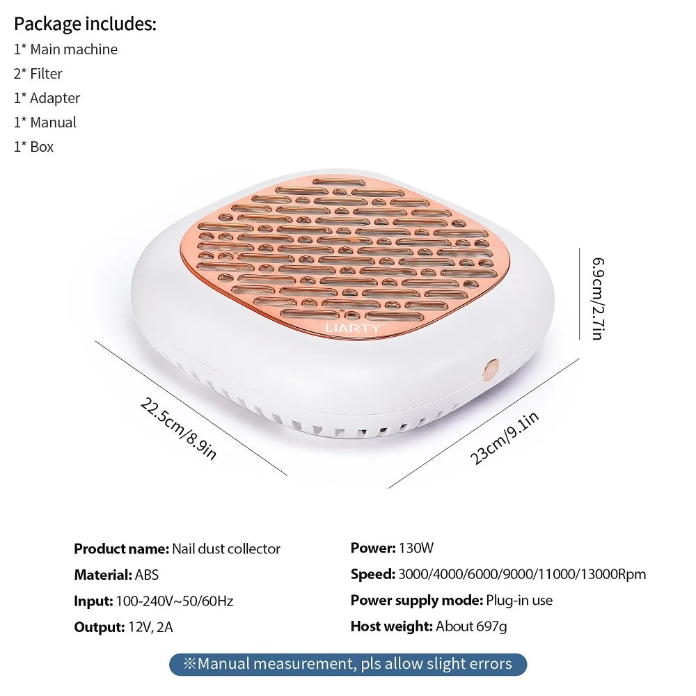 Two-Filter Nail Dust Collector with ABS Body, Adjustable Suction and Listed 23 x 22.5 x 6.9cm Size, Grey, Rose, Silver or Pink Manicure Vacuum Options