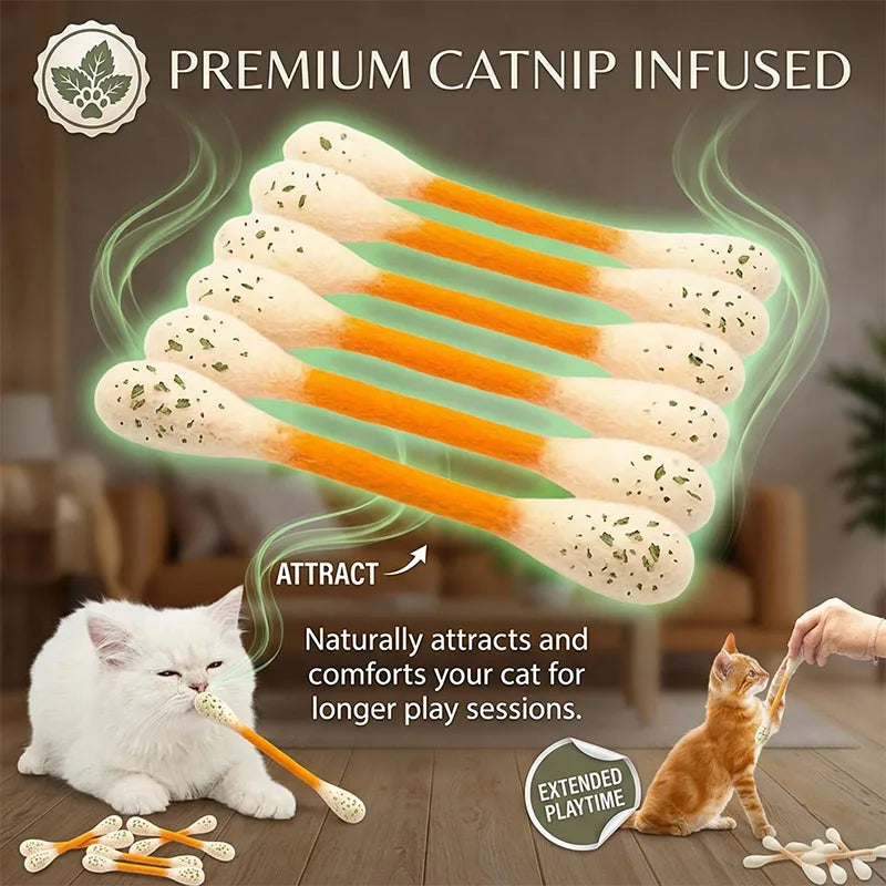 Catnip Kicker Sticks in Cotton Swab Shape, 6-Piece Felt Cat Toy Set for Supervised Indoor Batting and Kicking Play with Seven Color Option Labels