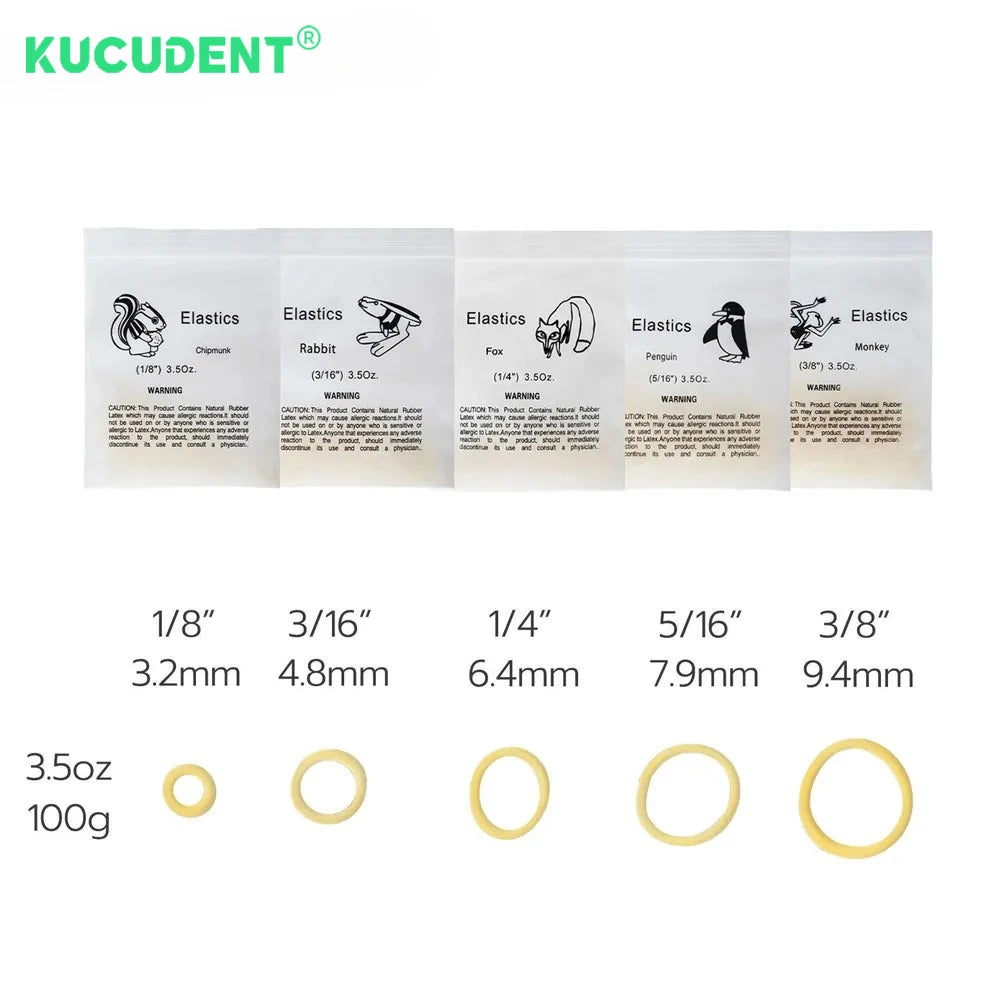 Latex Orthodontic Traction Elastics, 5000-Piece Box with Animal-Coded Diameter Options and 2.5 to 6.5oz Force Labels for Clinician-Directed Braces Use