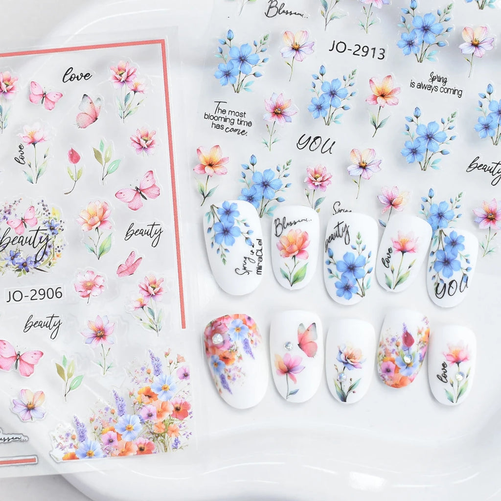 Flower Nail Stickers with Butterfly, Rose, Lavender and Clover Designs, Self-Adhesive 3D Nail Art Decals in 3 to 60 Sheet Options for DIY Manicures