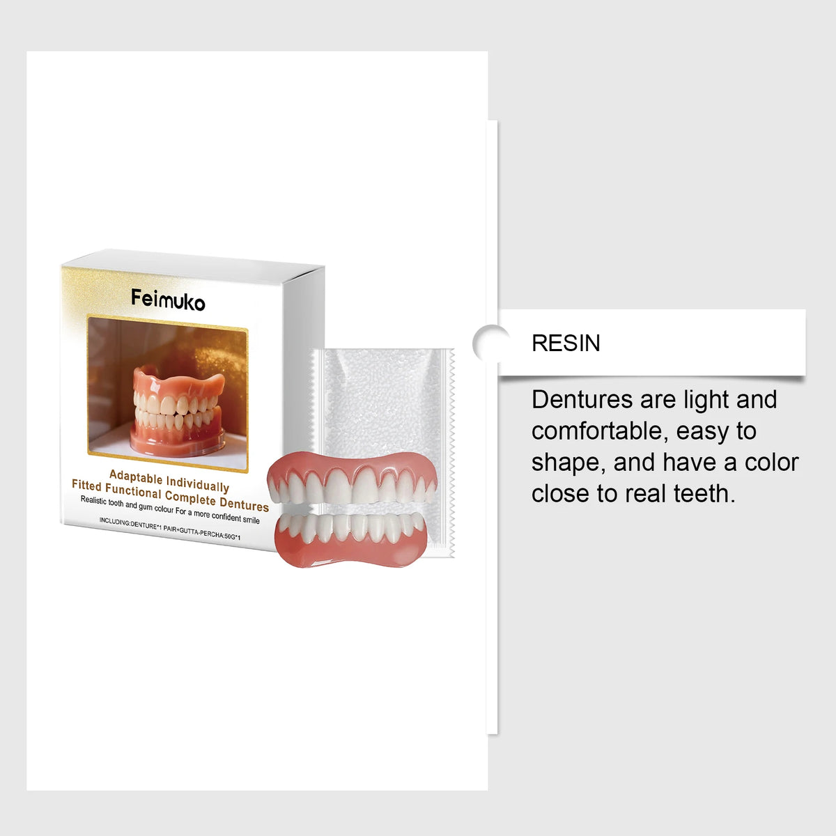 Cosmetic Denture-Style Teeth Cover Kit with Single-Piece and Multi-Item Purchase Labels, Material and Fit Details Requiring Professional Dental Review Before Use