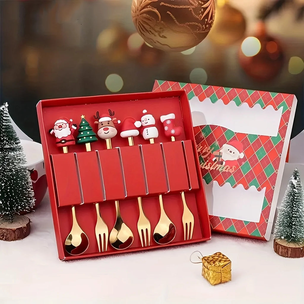 Christmas Spoons and Forks Set in Stainless Steel with 2, 4 or 6-Piece Spoon-Only and Mixed Options for Festive Coffee, Tea, Dessert Tables and Holiday Gifts