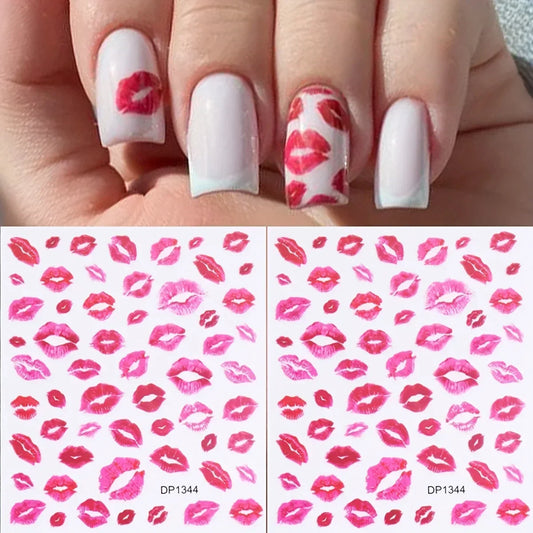 Heart and Kiss Nail Art Stickers, Red Self-Adhesive Matte Finish Decals for Romantic DIY Manicures, Valentine's Day Styling and Everyday Nail Decoration