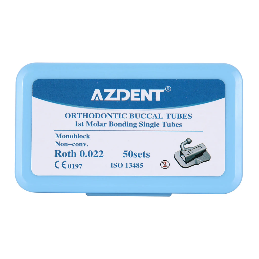 Monoblock Buccal Tubes by AZDENT, Bondable Non-Convertible Single Molar Tubes with Roth or MBT 018 and 022 Options in 20 or 50 Sets for Professional Orthodontic Use