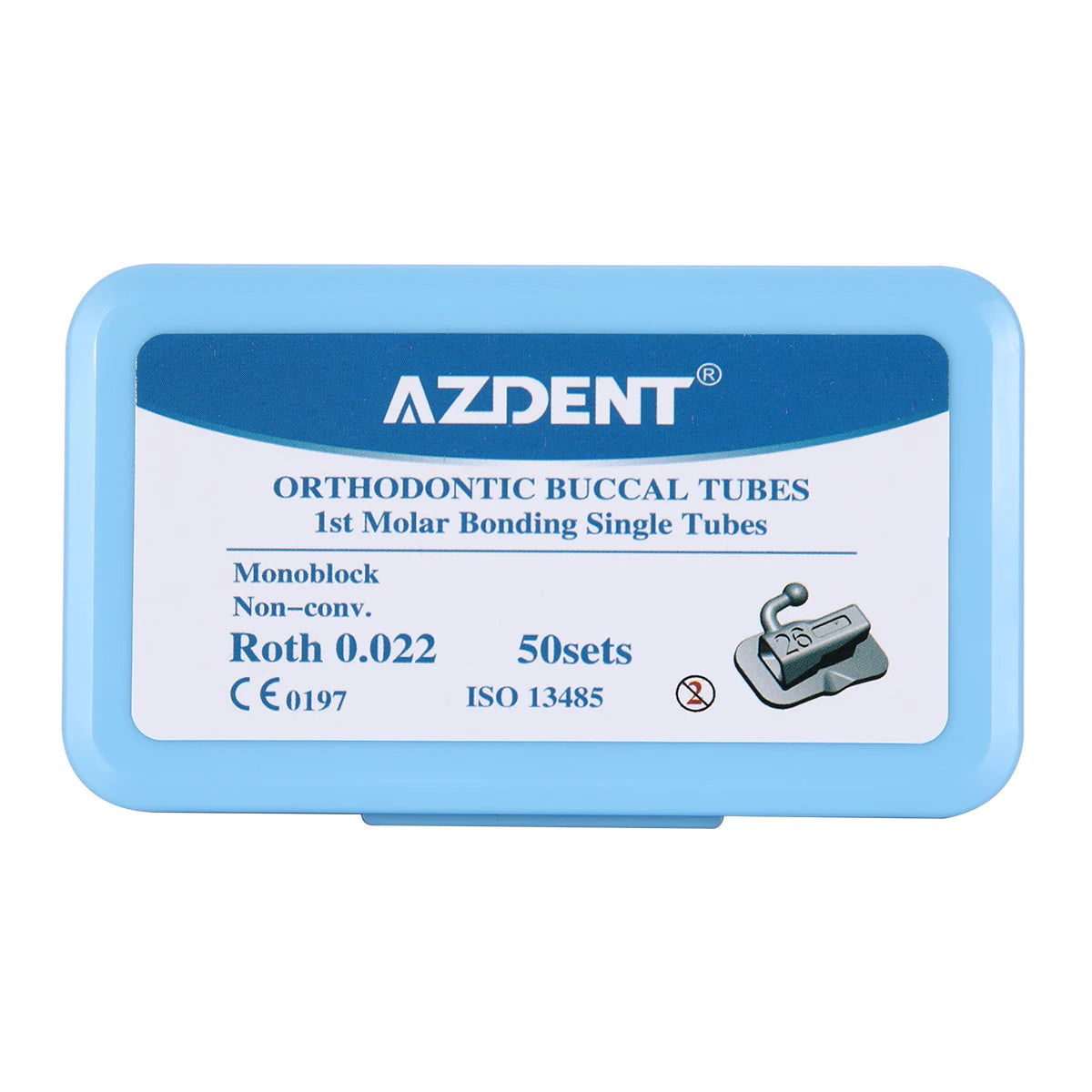 Monoblock Buccal Tubes by AZDENT, Bondable Non-Convertible Single Molar Tubes with Roth or MBT 018 and 022 Options in 20 or 50 Sets for Professional Orthodontic Use