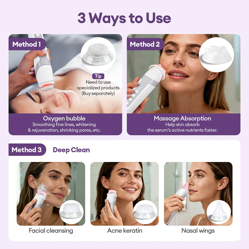 Four-Head Bubble Facial Pen in White with Silicone Massage Tips, Five Vibration and Spin Levels, Eight LED Modes and Type-C Rechargeable Design