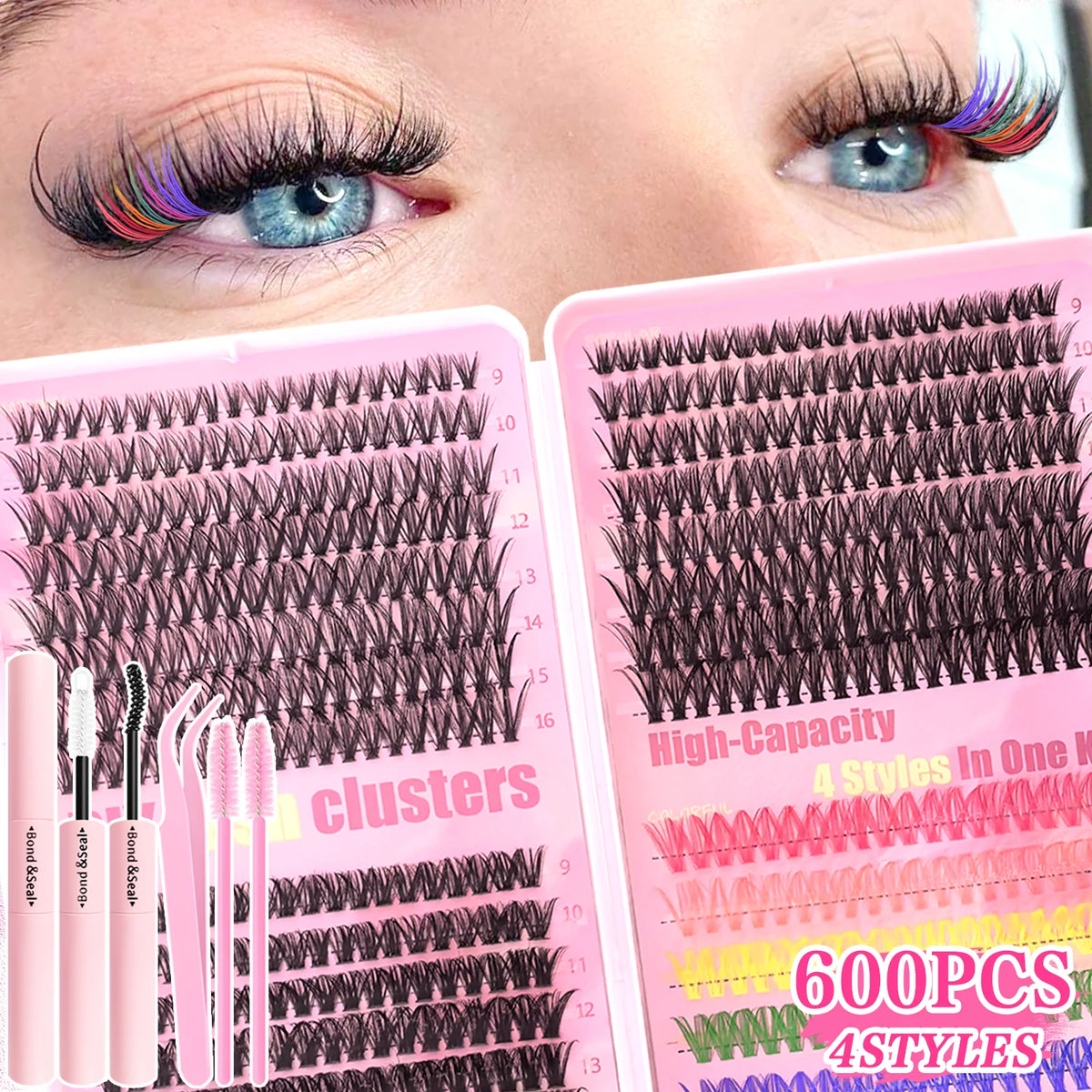 Color Mixed Lash Clusters, 12 and 30 Row Options with 345D and Wide Stem Styles for DIY False Eyelash Looks, Creative Eye Makeup and Occasions