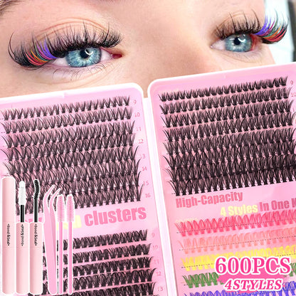 Color Mixed Lash Clusters, 12 and 30 Row Options with 345D and Wide Stem Styles for DIY False Eyelash Looks, Creative Eye Makeup and Occasions