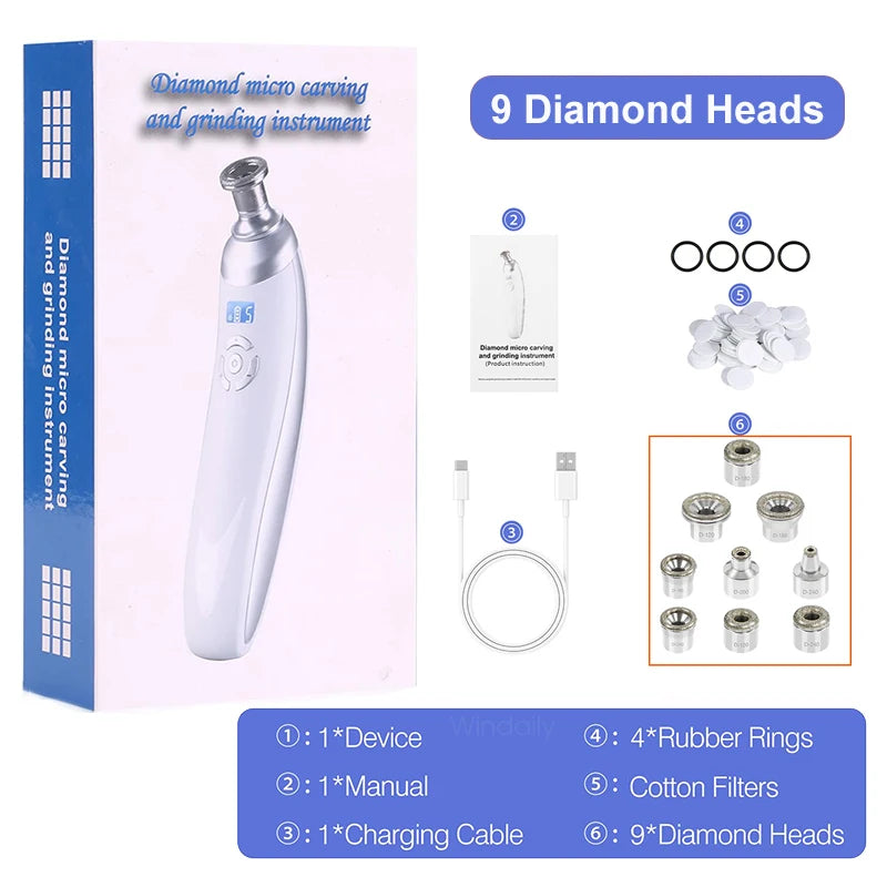 Cordless Diamond Microdermabrasion Device with Replaceable Tip References, Nine-Head Five-Level or Four-Head Three-Level Options for Adult Facial Beauty Routines