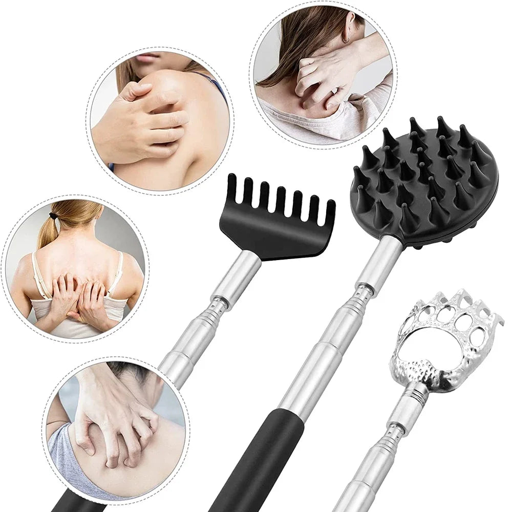 Telescopic Back Scratcher with Stainless Steel Handle, Listed 8 to 32 Inch Reach and Detachable Head Set Reference, Single, Three or Five-Piece Options