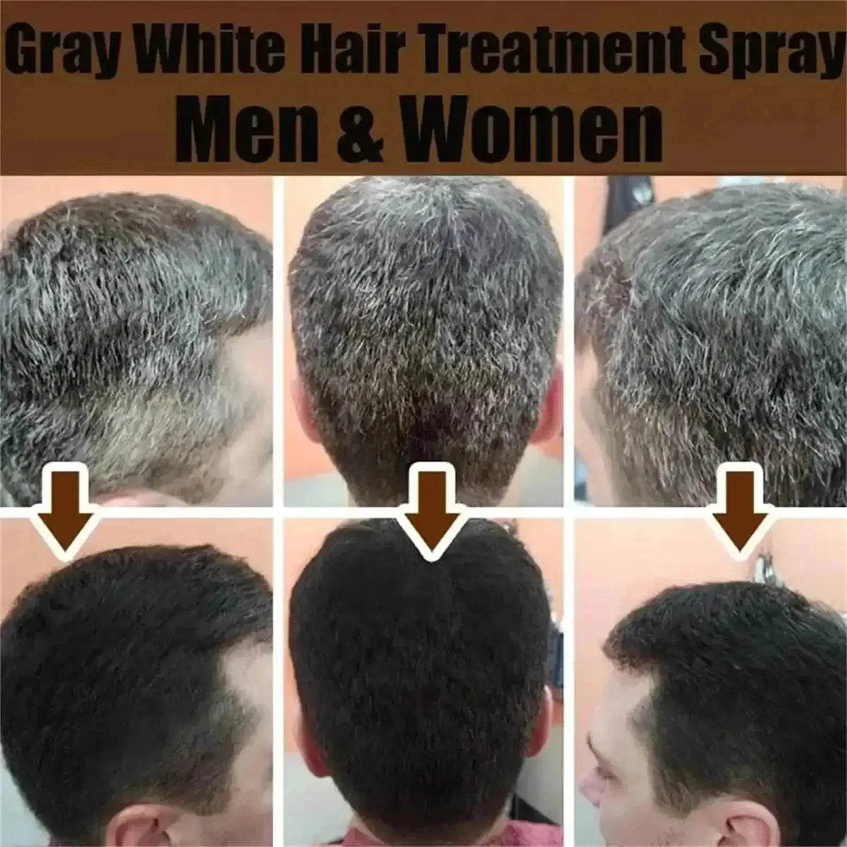 Gray Hair Care Serum with Black Spray and Cosmetic Coverage References, Single or Promotional Purchase Labels for Women and Men Grooming Routines