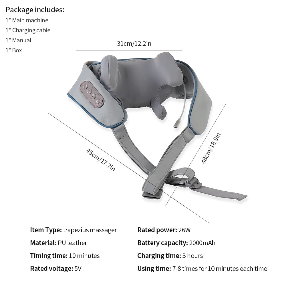 Rechargeable Neck and Shoulder Massage Shawl with Listed Two Modes, Adjustable Straps and Back Buckle, 20W or 26W Kneading Models in White, Grey and Brown Options