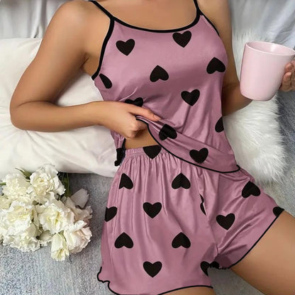 Women's Heart Print Pajama Set with Round Neck Top and Shorts, Polyester Summer Sleepwear for Relaxing at Home in Purple or Blue, Sizes M to XL