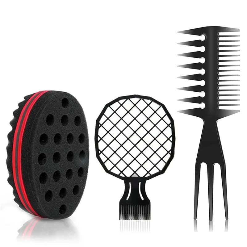 Afro Twist Hair Styling Kit, Two-Piece and Three-Piece Set1 or Set2 Options with Sponge, Mesh Comb and Double-Sided Pick References for Curl and Coil Grooming
