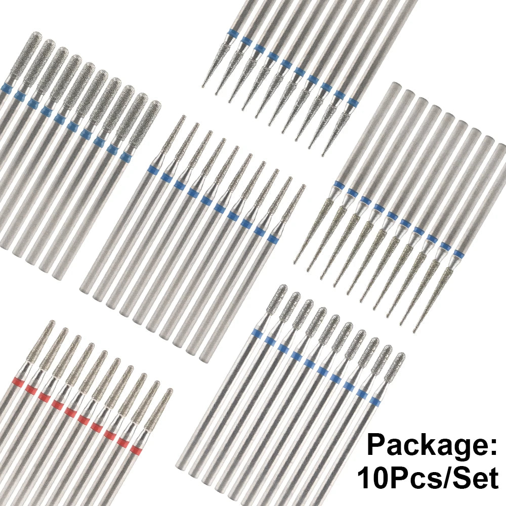 Diamond Nail Drill Bits, Listed 10-Piece Milling Accessories with 2.35mm Shanks, A-Series and Grade-Labeled Options for Professional Electric Manicure Filing