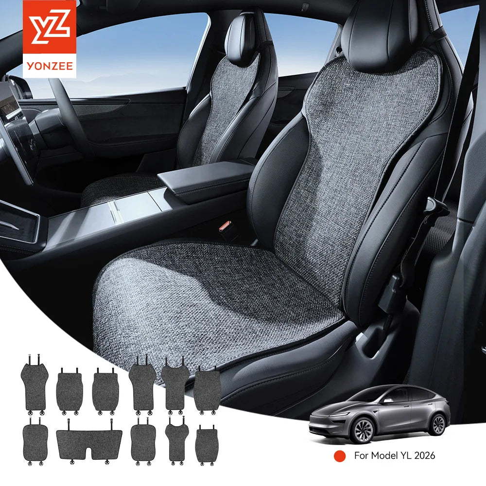 Car Seat Cushion Pads Listed for 2026 Tesla Model YL Six-Seat Layout, YZ Mesh Composite Fabric with Linen and Ice Silk References, Row-Specific Pack Options