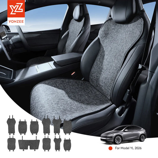 Car Seat Cushion Pads Listed for 2026 Tesla Model YL Six-Seat Layout, YZ Mesh Composite Fabric with Linen and Ice Silk References, Row-Specific Pack Options