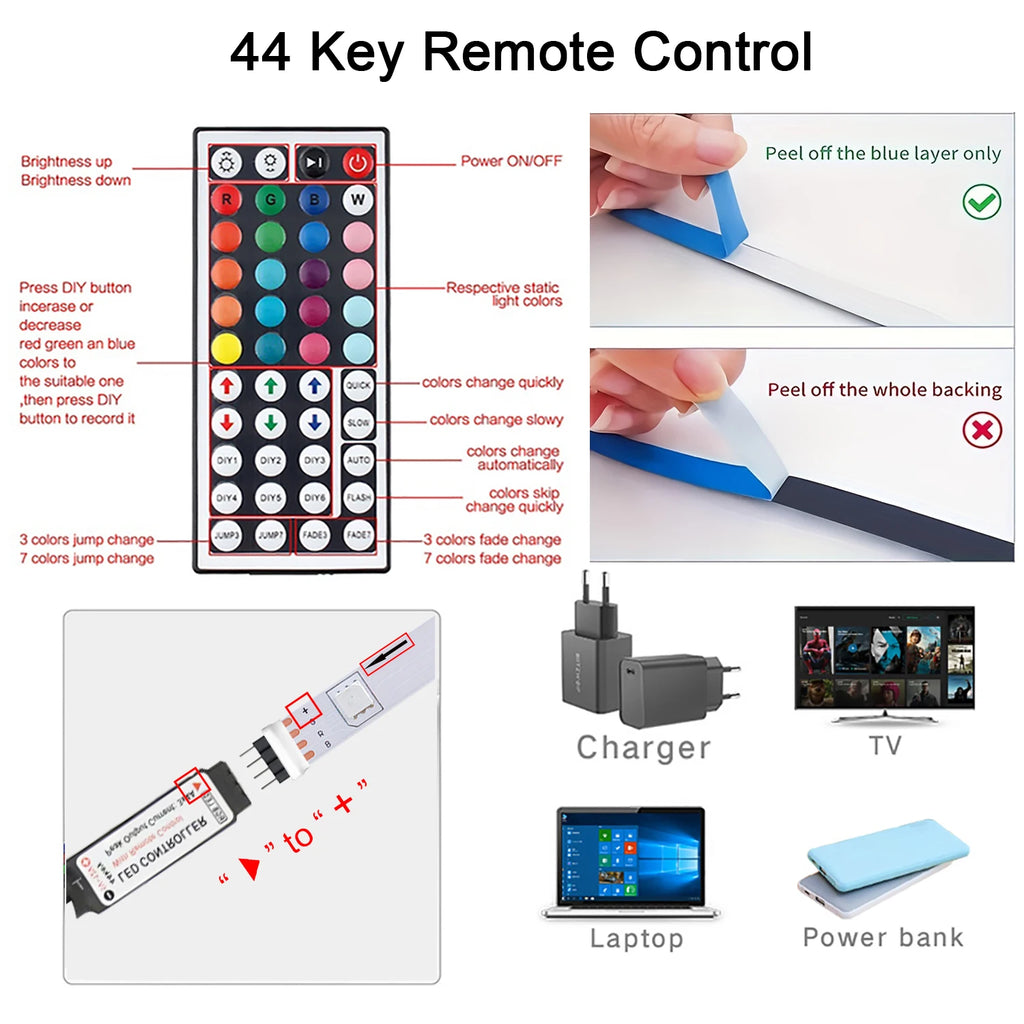 IR Remote RGB LED Strip Lights with 24-Key or 44-Key Control, 5V USB Tape Lighting in Six Length Options for Bedroom Decor and TV Backlighting