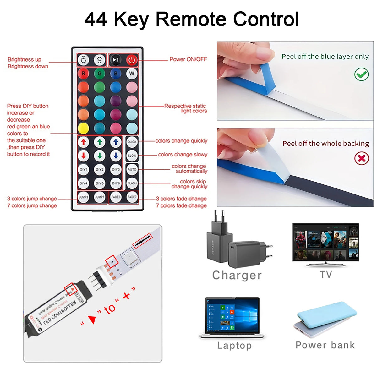 IR Remote RGB LED Strip Lights with 24-Key or 44-Key Control, 5V USB Tape Lighting in Six Length Options for Bedroom Decor and TV Backlighting