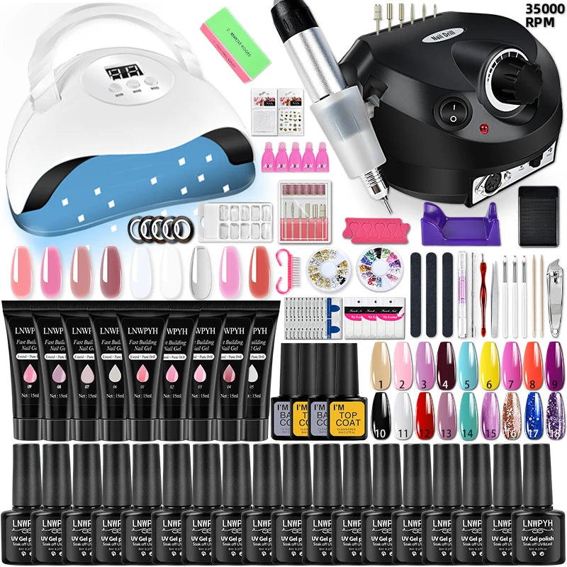 Gel Polish and Poly Extension Nail Kit by LNWPYH with 18 Polish Colors, Nine Extension Colors, Base and Top Coats, UV LED Lamp and Drill for Adult Manicures