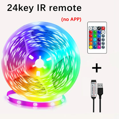 Four-Controller RGB LED Strip Lights with 5V USB Power, App or Remote Options and Nine Length Labels from 0.5m to 30m for Bedroom Decor and TV Backlighting