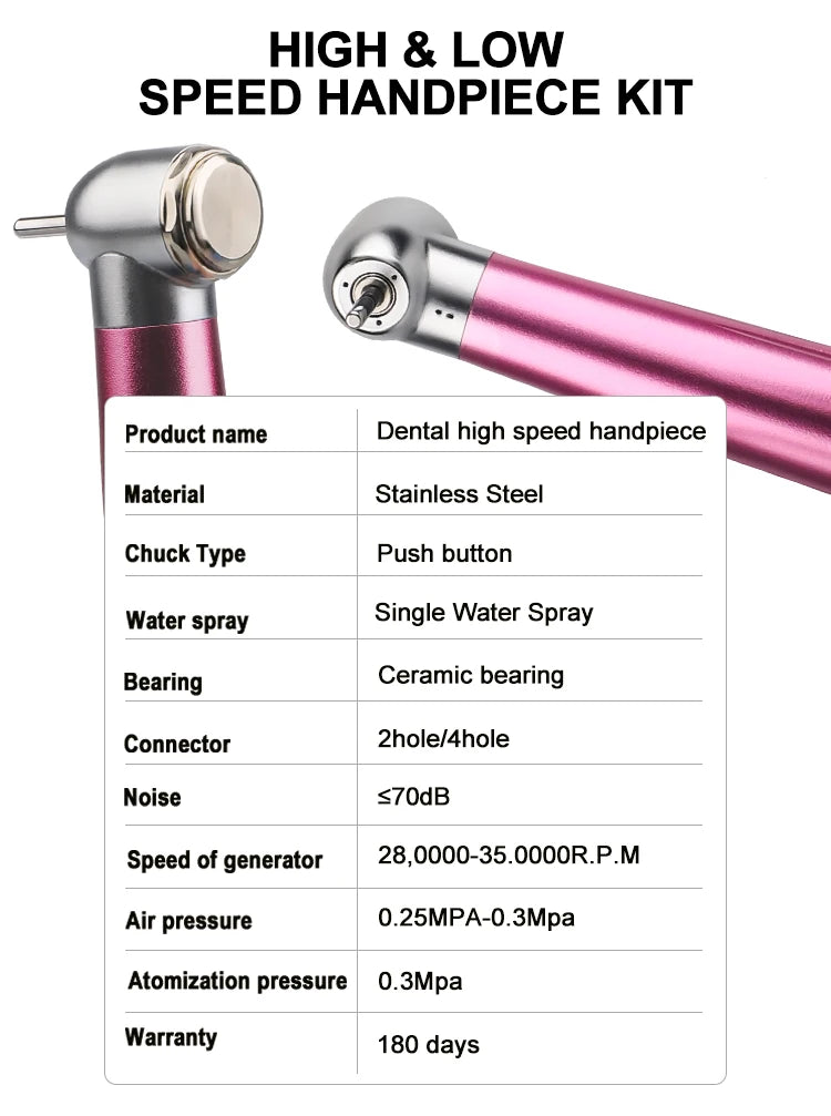 Dental Handpiece Set, 4-Piece High and Low Speed Air Turbine Kit with Straight Handpiece, Contra Angle and Air Motor, 2 or 4 Hole Options