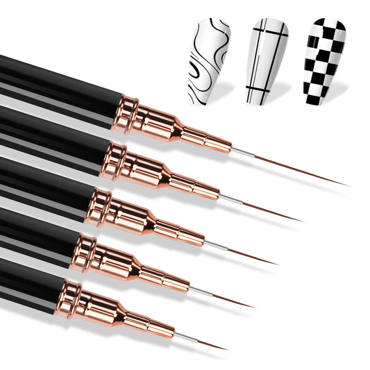 Fine-Line Nail Art Brush Set, 5 Nylon Striping Brushes in 7, 9, 11, 15 and 25mm Sizes for Gel Painting, Floral Designs and DIY Manicure
