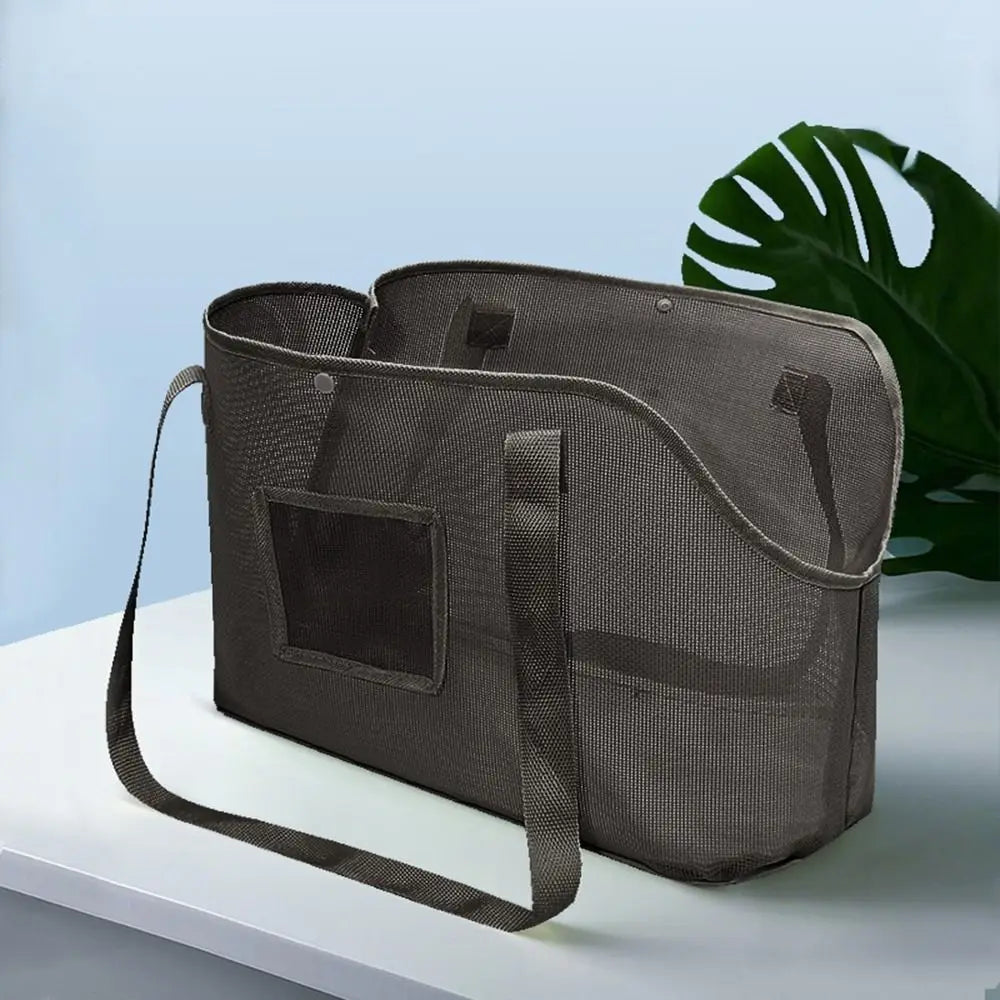 Mesh Dog Carrier Shoulder Bag, Foldable Breathable Pet Travel Handbag with Textilene, Nylon and Oxford Cloth in Beige, Black or Grey and M or L Size Options