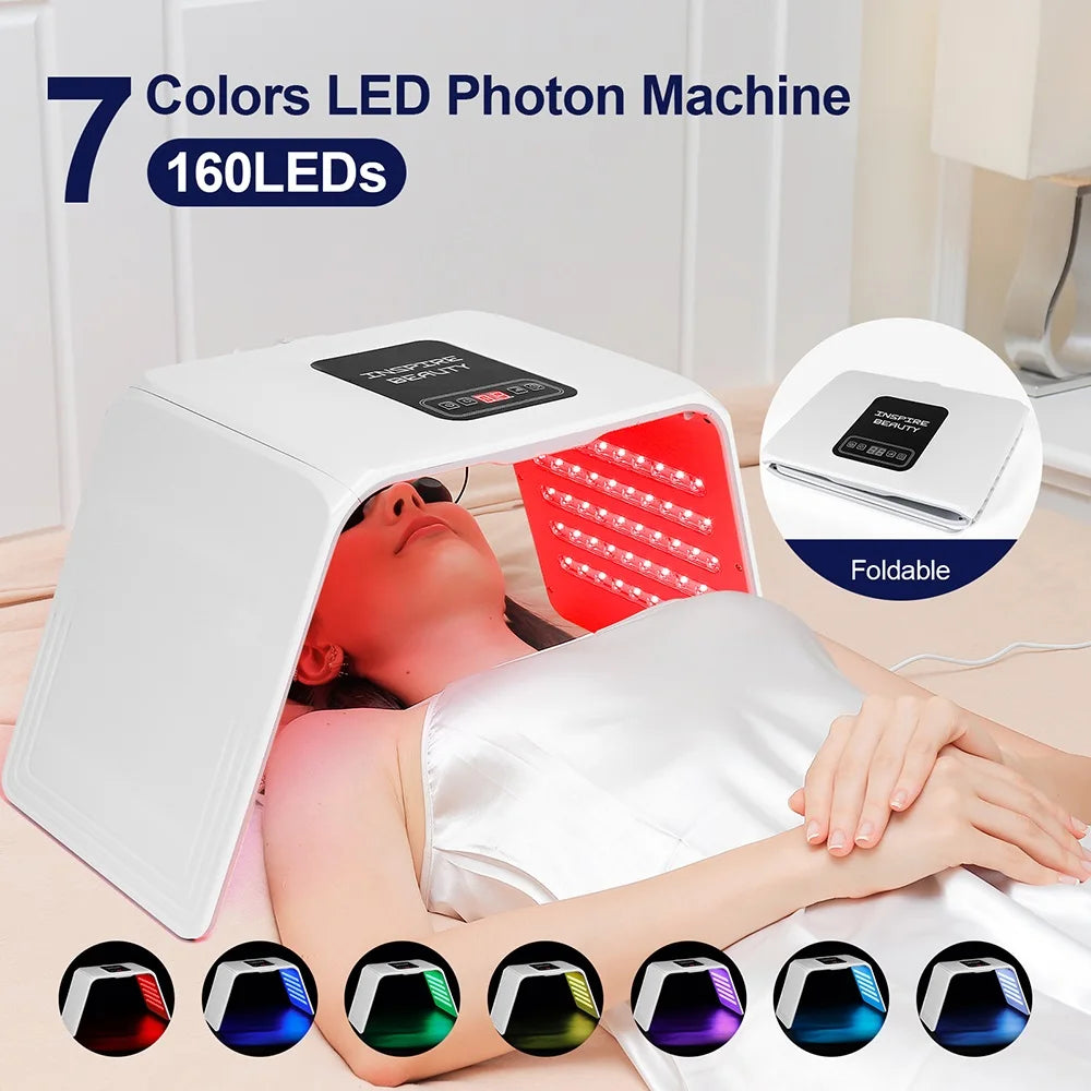 Foldable LED Facial Light Machine with 160 Listed LEDs and Seven Color Modes, 24W Face and Body Beauty Device with Eye Protection and Regional Plug Options