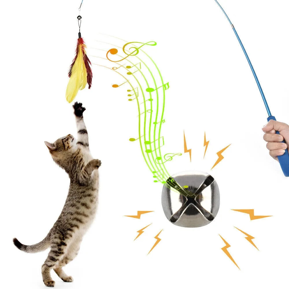 Retractable Cat Wand with Feather and Bell Teaser, Listed 37–97 cm Extendable Rod and 12-Piece Set Option for Supervised Indoor Chase and Batting Play