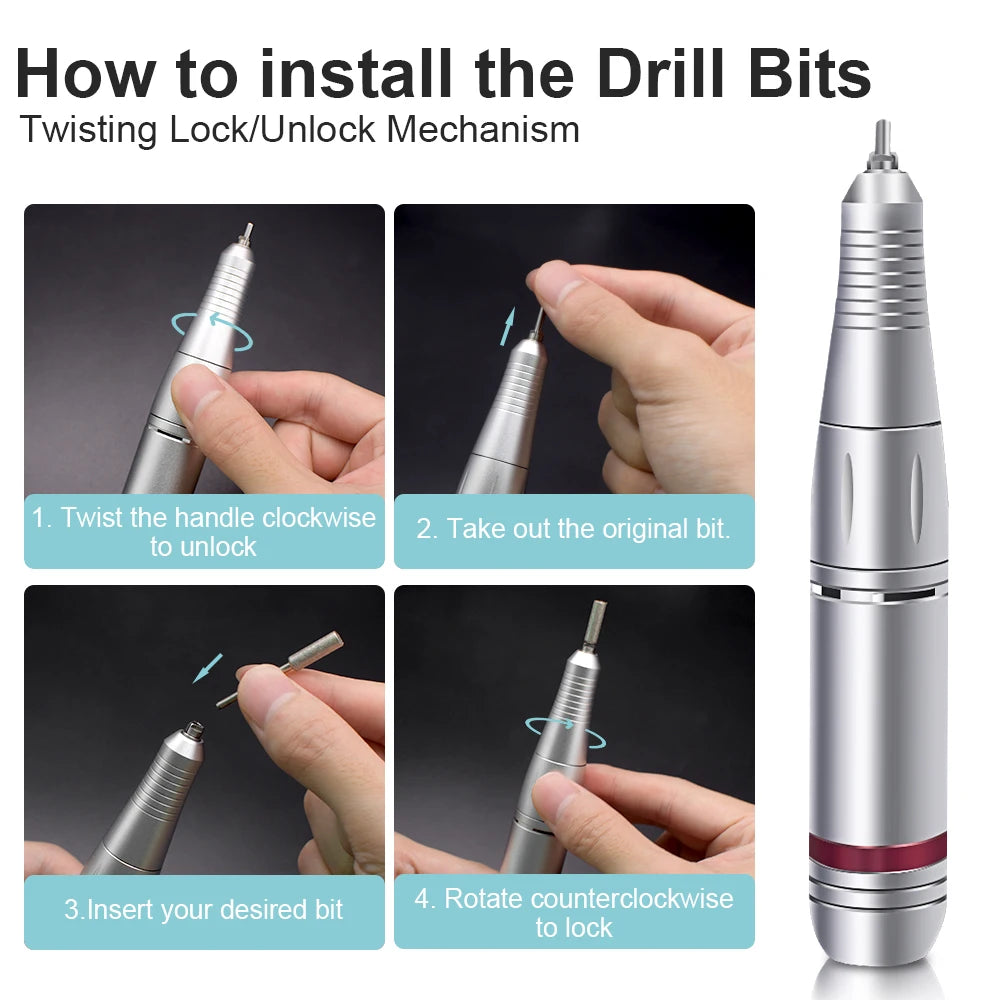 Rechargeable Nail Drill 204 with Listed 45,000 RPM Maximum, LCD Speed and Battery Display, Brushless Motor and Aluminum Alloy Body for Acrylic and Gel Filing