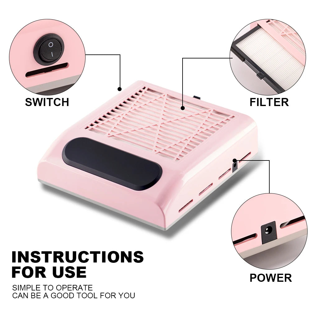 Nail Dust Collector with Touch Switch and Replaceable Filter, ABS Manicure Vacuum in White, Pink, Silver or Gold with US and EU Selection Labels