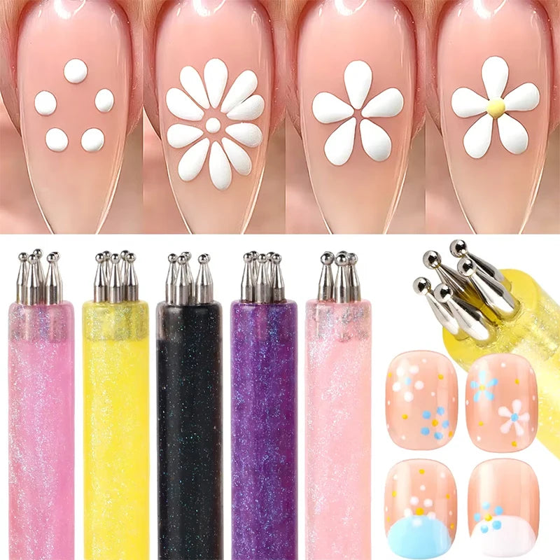 Five-Petal Nail Dotting Tool, 1.8mm Metal Fine Tip with Glitter Handle for Daisy Flower Nail Designs, Dot Patterns and Rhinestone Placement in Four Color Options