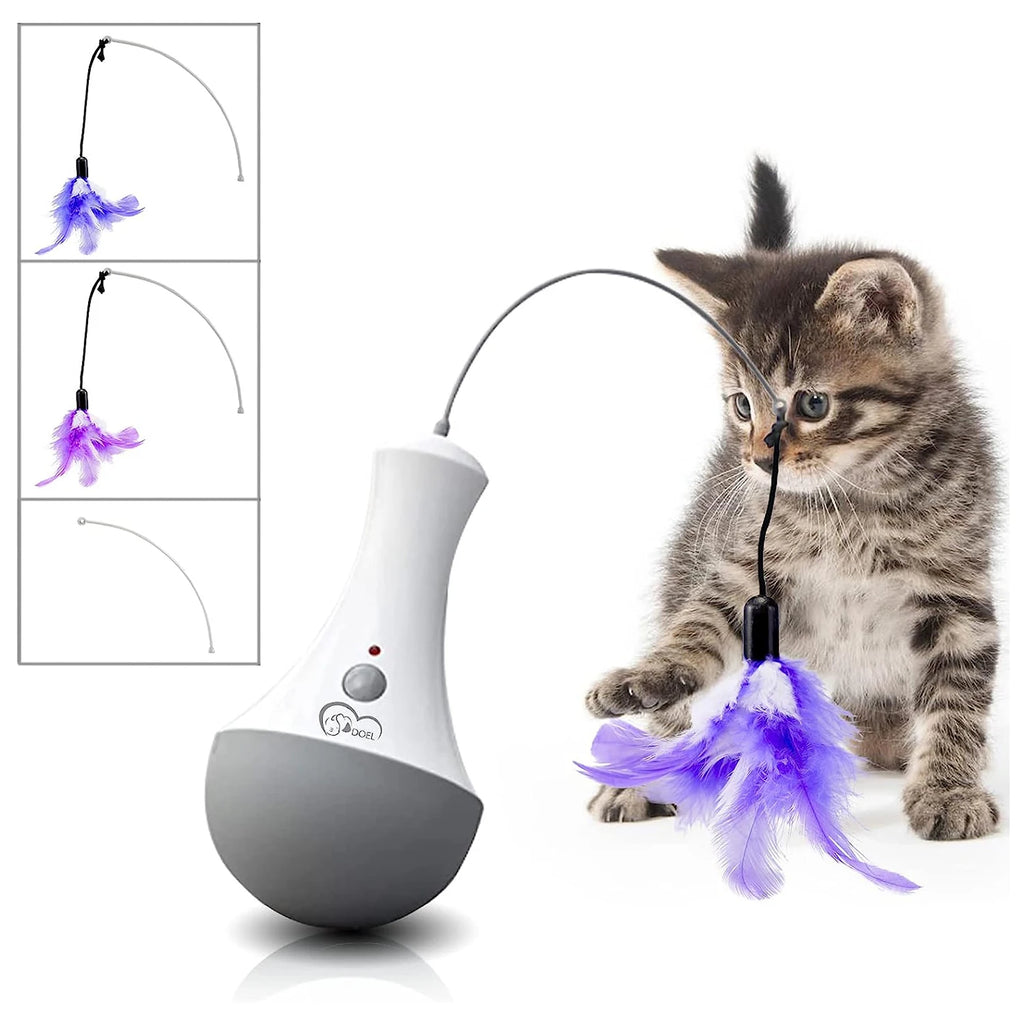 Automatic Feather Cat Toy by DOEL with 360-Degree Random Rotation, Two Interchangeable Feathers and 15-Minute Auto Shutoff for Supervised Indoor Play, White