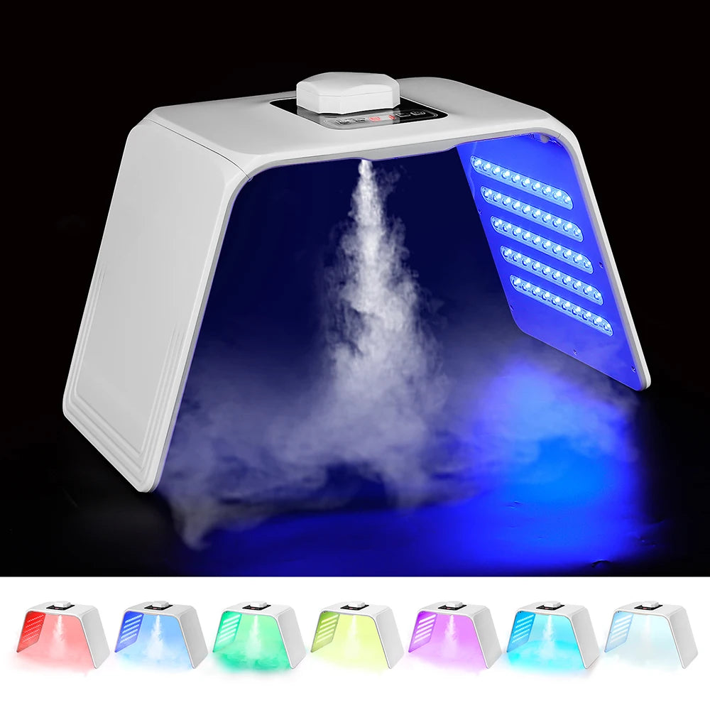 LED Facial Light Machine with Nano Spray, Seven Color Settings and 140 LEDs, 24W ABS Beauty Device with Adapter, Eye Protection and Four Plug Options
