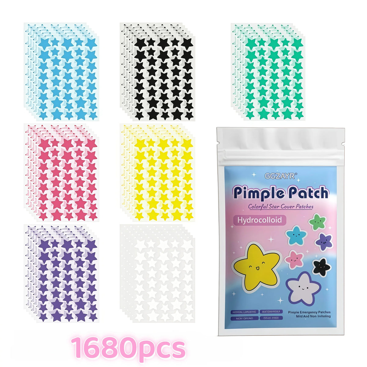 Star Pimple Patches with Listed Hydrocolloid Material, Colorful Facial Blemish Covers in Boxed 280, 1120 or 1680-Piece Options for Personal Skincare Styling