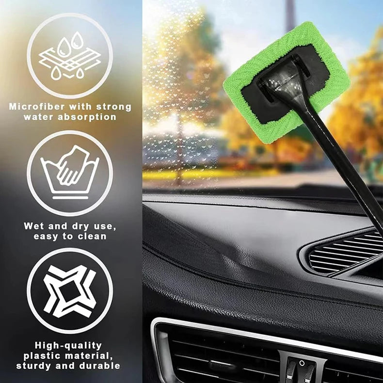 Car Windshield Cleaning Wand with Washable Microfiber Bonnet and Long Handle for Interior Auto Glass Care, Color Choices and Blue Three-Cloth Option