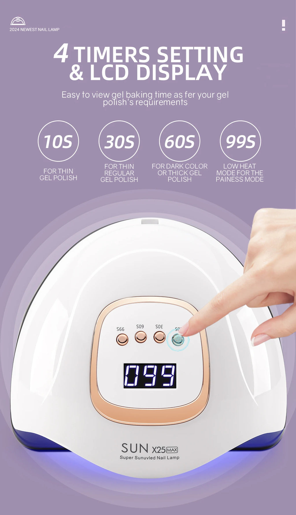 Gel Nail Curing Lamp with Four Timers, Auto Sensor and Removable Tray, Listed 81-LED SUN X25 MAX Specifications and X23, X25, X26 or X27 Options