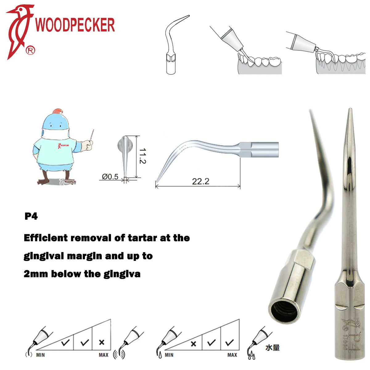 Ultrasonic Scaler Handpiece and Tip Options by Woodpecker, HW-5L LED Handpiece or P, E and G Series Tips for Compatible Dental Equipment
