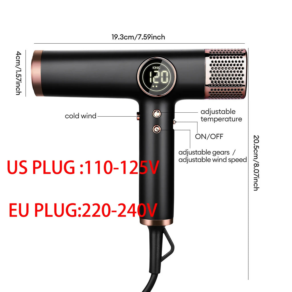 Ionic Hair Dryer with 110000 RPM Brushless Motor, Black High-Speed Blow Dryer with Thermo-Control and Low-Noise Design for Home Use, US or EU Plug
